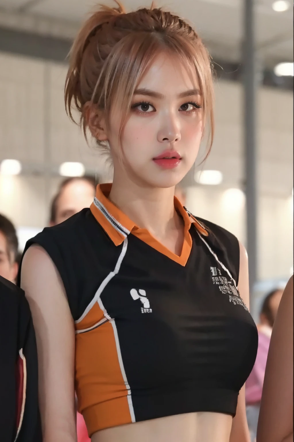 1girl, volleyball uniform, slim face, tall figure, slender, broad shoulder, eyeliner, eyelashes, perfect face, perfect skin, ((ultra-detailed eyes)), big iris, dim lighting, bokeh, ((indoor stadium)), audience, ((midriff)), sleeveless, (masterpiece, high quality:1.2), arms arms behind back, bare face, ((closed mouth)), (((black jersey))), sport attire, ((low saturated)), (low contrast), pink blonde hair, hair bun, <lora:haikyuu:1> <lora:roselorashy:0.85>
