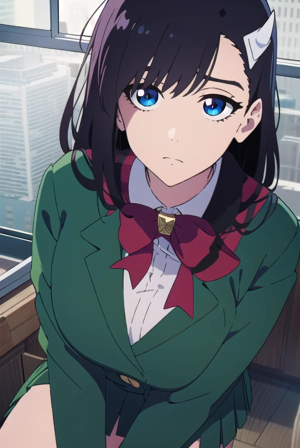 noelniihashi, <lora:noelniihashianimetest:1>,
noel niihashi long hair, blue eyes, black hair, hair ornament, hairclip, (large breast:1.2),
BREAK skirt, shirt, long sleeves, bow, school uniform, jacket, white shirt, pleated skirt, collared shirt, bowtie, red bow, plaid, capelet, blazer, green skirt, green jacket,
BREAK looking at viewer,
BREAK indoors, classroom,
BREAK <lora:GoodHands-vanilla:1>, (masterpiece:1.2), best quality, high resolution, unity 8k wallpaper, (illustration:0.8), (beautiful detailed eyes:1.6), extremely detailed face, perfect lighting, extremely detailed CG, (perfect hands, perfect anatomy),