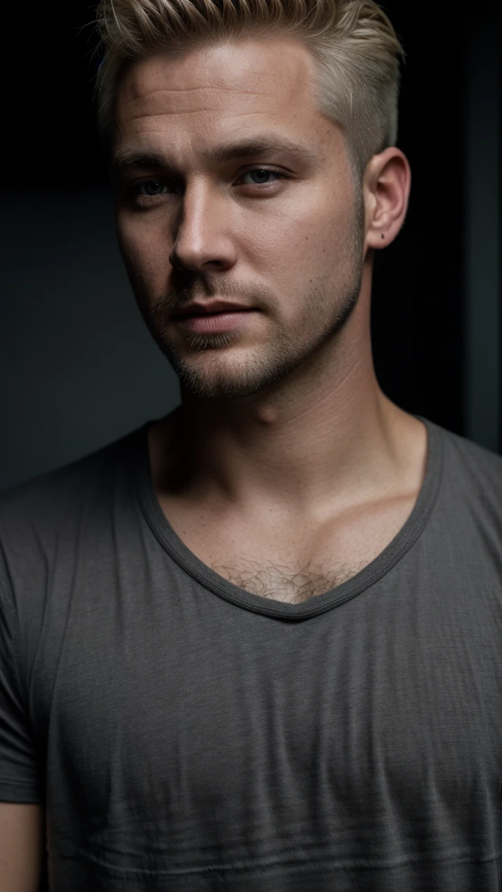 selfie portrait photo straight view of 32 y.o white male face only, wearing gray shirt, short sides medium top dirty-blonde hair, cinematic shot, very dark dramatic blind lighting 8k uhd, natural color palette, eyes on camera