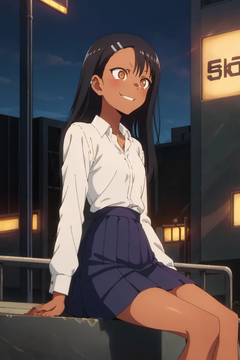 1girl, solo,sitting, cyberpunk cityscape,night city \(city\), stealth in the city,small breast, masterpiece, professional artwork, famous artwork, perfect face,perfect eyes,<lora:Nagatoro_Hayase-09:0.7> ,nagatoro hayase, hair ornament, brown eyes,glowing eyes, hairclip,dark skin, black hair,school uniform, cowboy shot, black hair, beautiful face, evil smile, evil eyes, ((perfect female body, narrow waist)), background city, skirt