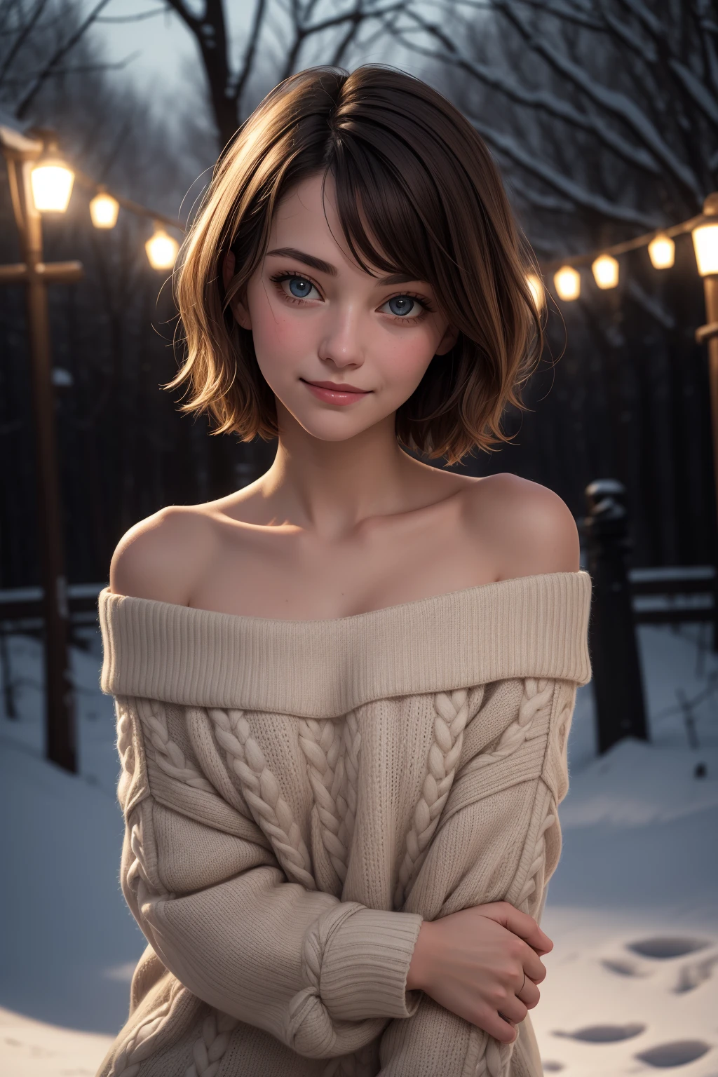 masterpiece,best quality,highres, ultra-detailed, solo,vivid,slight smile,
1girl, (18 years old), short hair,mid-shot, a beautiful woman looking into camera, off shoulder sweater by Chris Foss winter lights,night, off shoulder,
outdoor,depth of field, (upper body:0.6),
<lora:detailed_eye:0.4>, <lora:add_detail:0.4>