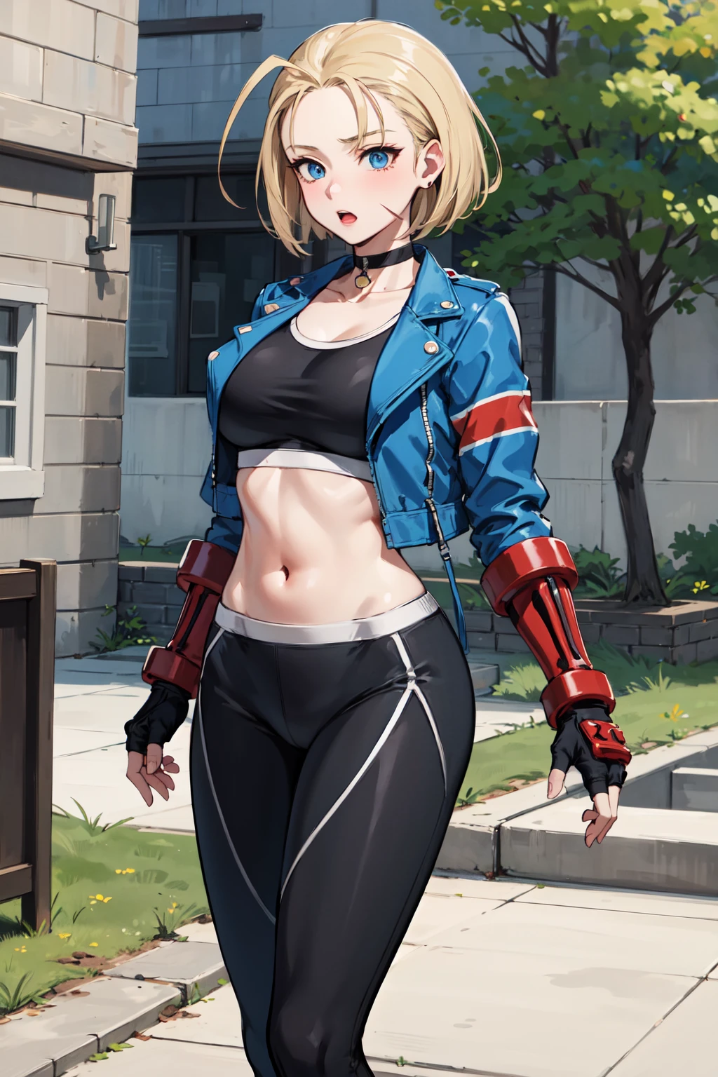 masterpiece, best quality, highres, 1girl, cammy white, short hair, antenna hair, blue eyes, scar on cheek, large breasts, black choker, collarbone, blue jacket, cropped jacket, open jacket, sports bra, midriff, fingerless gloves, black gloves, black pants, <lora:cammy_white_v1:0.7>, standing, cowboy shot, stair, outdoors,