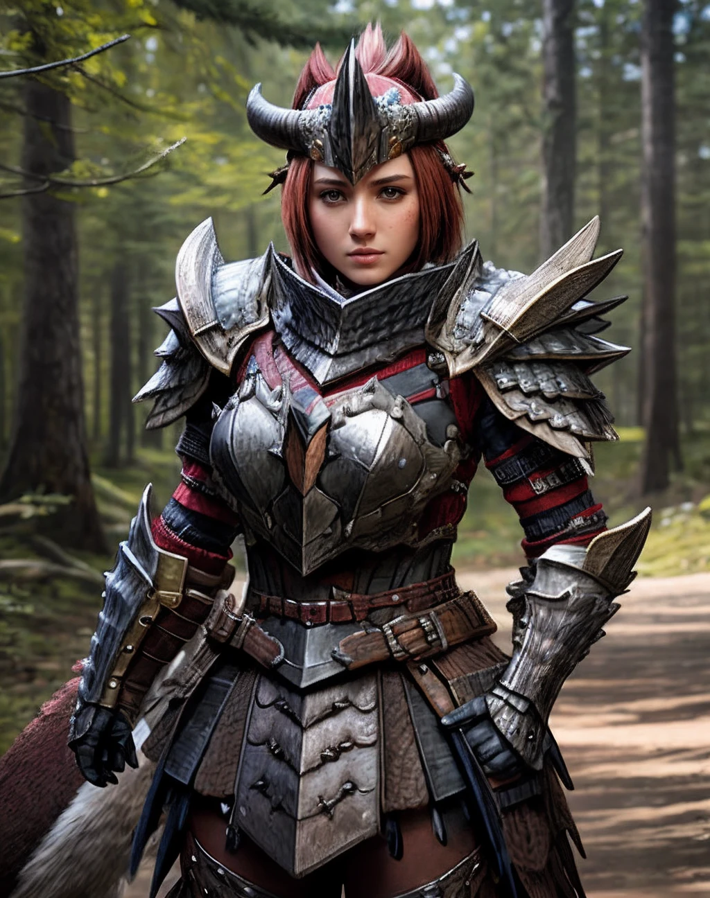 ((Masterpiece, best quality)),photography, detailed skin, realistic, photo-realistic, 8k, highly detailed, full length frame, High detail RAW color art, diffused soft lighting, shallow depth of field, sharp focus,
edgRathArmor, solo, standing, weapon, horns, belt, sword, armor, blurry, no humans, helmet, spikes, full armor, monster hunter (character) ,wearing edgRathArmor <lora:Rathalos_Armorv2:0.7>