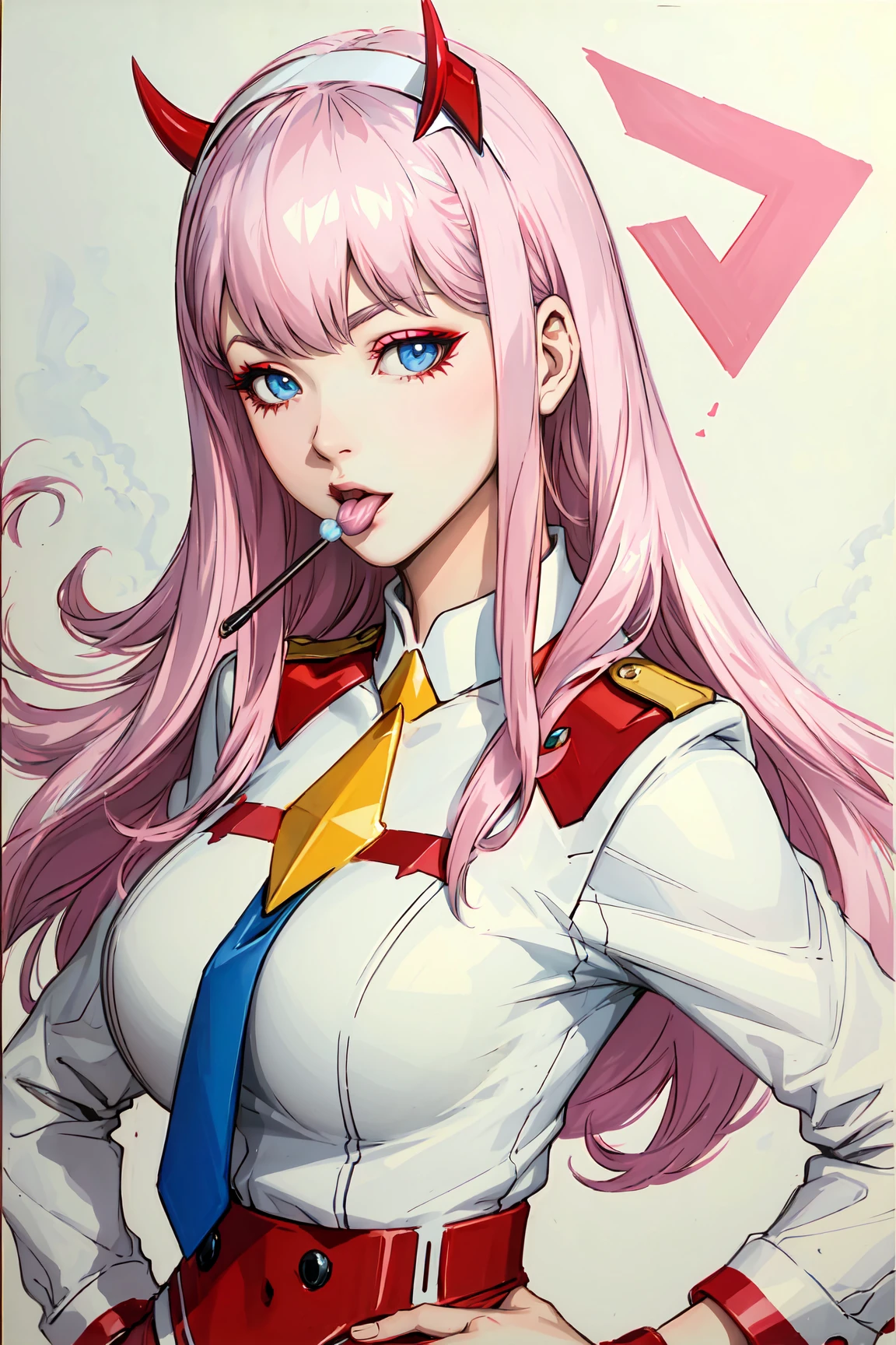 1girl, solo, long hair, zero two \(darling in the franxx\), food, pink hair, horns, candy, lollipop, looking at viewer, hairband, uniform, white hairband, military uniform, military, orange necktie, medium breasts, hand on hip, necktie, tongue, blue eyes, eyeshadow, tongue out, makeup, lips, long sleeves, upper body, red horns,milf,huge breasts,(shiny skin),(mature female:1.2),<lora:artgerm-v1.5-nai-resize:0.7>