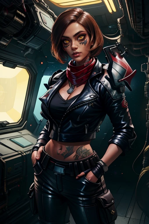 Moze, short brown hair,yellow eyes ,cheek facepaint ,lips, standing, hands in pockets, upper body,
MoMil,helmet ,fingerless gloves ,dog tags ,belt,shoulder armor ,scarf,leather jacket, midriff, hip tattoo,pants, boots, white cropped undershirt, cleavage, cyberpunk bar, space station,
(insanely detailed, beautiful detailed face, masterpiece, best quality)
<lora:Moze-10v3:0.8>