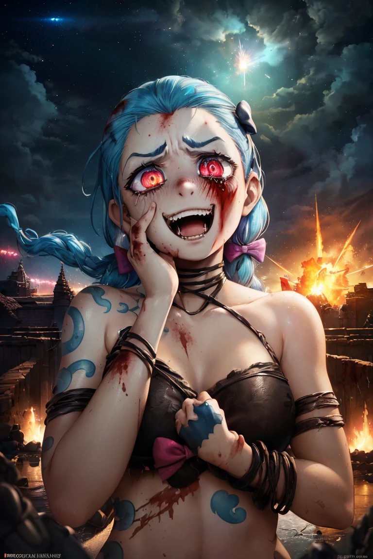 model shoot style, (full body, outdoor portrait, digital anime illustration) of (JinxLol)), (1girl:1.5), (shiny pink eyes:1.7, blue hair), (action pose:1.2, explosion in the background:1.2),
((evil:1.3, bow one's head:1.3, night:1.3, scared:1.3, horrified:1.3, constricted pupils:1.7, crazy smile:1.6)), medium breasts, arm tattoo, stomach tattoo, ((blood on face:1.4)),
(pretty face, perfect face), (hyper-realistic lifelike texture, realistic eyes:1.2), (best quality:1.4, masterpiece:1.3, hyper-realistic lights, hyper-realistic shadows, hyper-realistic reflections), 
(sony a7, 50 mm, film grain:1.5, 4K UHD HDR), (octane render, unreal engine 5), (illustration by lee jeffries, Greg Rutkowski and Magali Villanueva, contest winner:1.3)  <lora:JinxLol:1>
