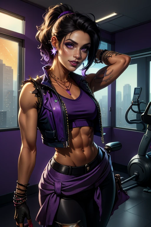 Amara, short black hair,ponytail, toned , blue left arm tattoo, scars, standing, arms on hips, upper body, smiling, posing,
AmaClot,right fingerless glove,ear piercing,earrings,midriff ,crop top,torn clothes ,vest,bracelet,pants,boots,necklace,belt ,
spaceship, window, stars milky ways, purple themed room, purple walls, gym,
(insanely detailed, beautiful detailed face, masterpiece, best quality) <lora:Amara-10v3:0.7>