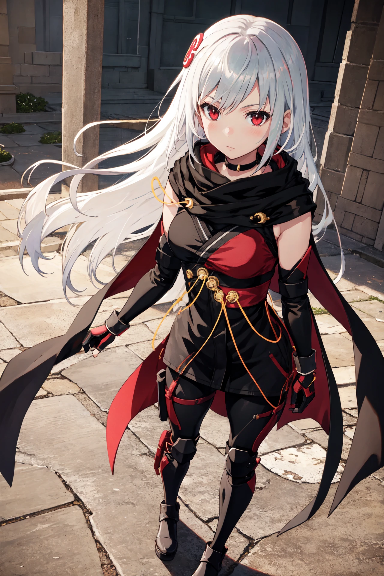 Masterpiece, best quality, perfect lighting, 1girl, solo, kasane, osf shinobi uniform, white hair, red eyes, choker, hair ornament, lowered hood, fingerless gloves, thigh guards, knee guards, black boots, grey leggings, satchel, cape, <lora:Kasane:0.6>