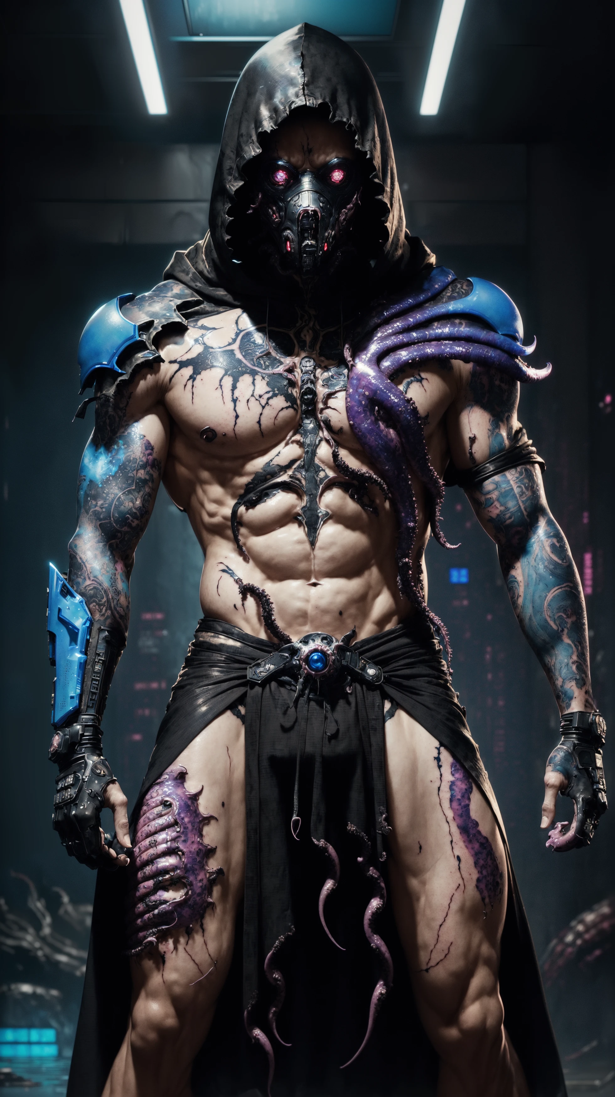 best quality, high resolution, distinct_image, alien, giger, viscera, post-apocalypse, peeled flesh, guro,broken creature, deadman, powerful figure, striking appearance, intricate tattoos, scars, hooded robe, hides their face, only their eyes visible through the shadow, tentacles, (black), (blue dark), (Frightening:1.3), (RFNKTRY), vaporwave, synthwave, cyberpunk, (by Artist Akihiko Yoshida:1.3), (by Artist Ross Tran:1.3), (by Artist Tsutomu Nihei:1.3), masterpiece, 4k, HD, blush, paw, paw shoes, stunning gradient colors, no watermark signature, detailed background, woods, small lake with island, insanely detailed, ((masterpiece)), absurdres, HDR