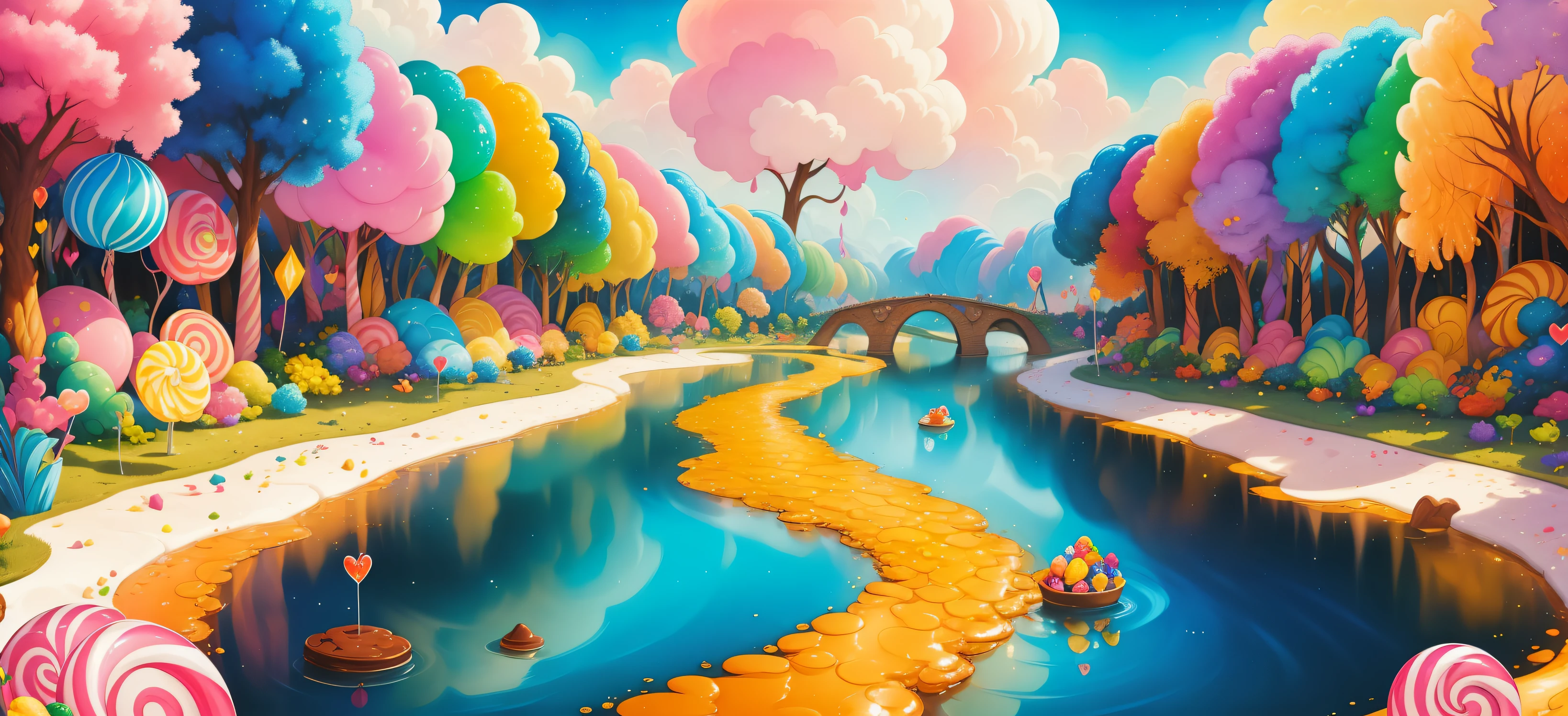 (Masterpiece, best quality:1.3), highly detailed, fantasy, chibi, hyperrealistic, [photoreal:0.3], <lora:Candyland-10:0.85>, 8k, candyland, dynamic, no humans, solo, faux traditional media, illustration, (honey river, honey, river), center frills, heels, (shiny),  (details), perfect, beautiful, dreamy, heart, colorful, vivid, cinematic, pinup:0.2, ultra-detailed, full background, [hyperrealistic:0.2], fantasy, (depth of field), rainbow, syrup, cookie, macaron, chocolate bar, glitter, scenery, drizzle, beautiful, (shiny:1.2), various colors, [tilt shift], ((extremely detailed)), (gradients), dripping, (glaze), bloom:0.2, shadow, ((food focus)), focus face, sharp focus, beads