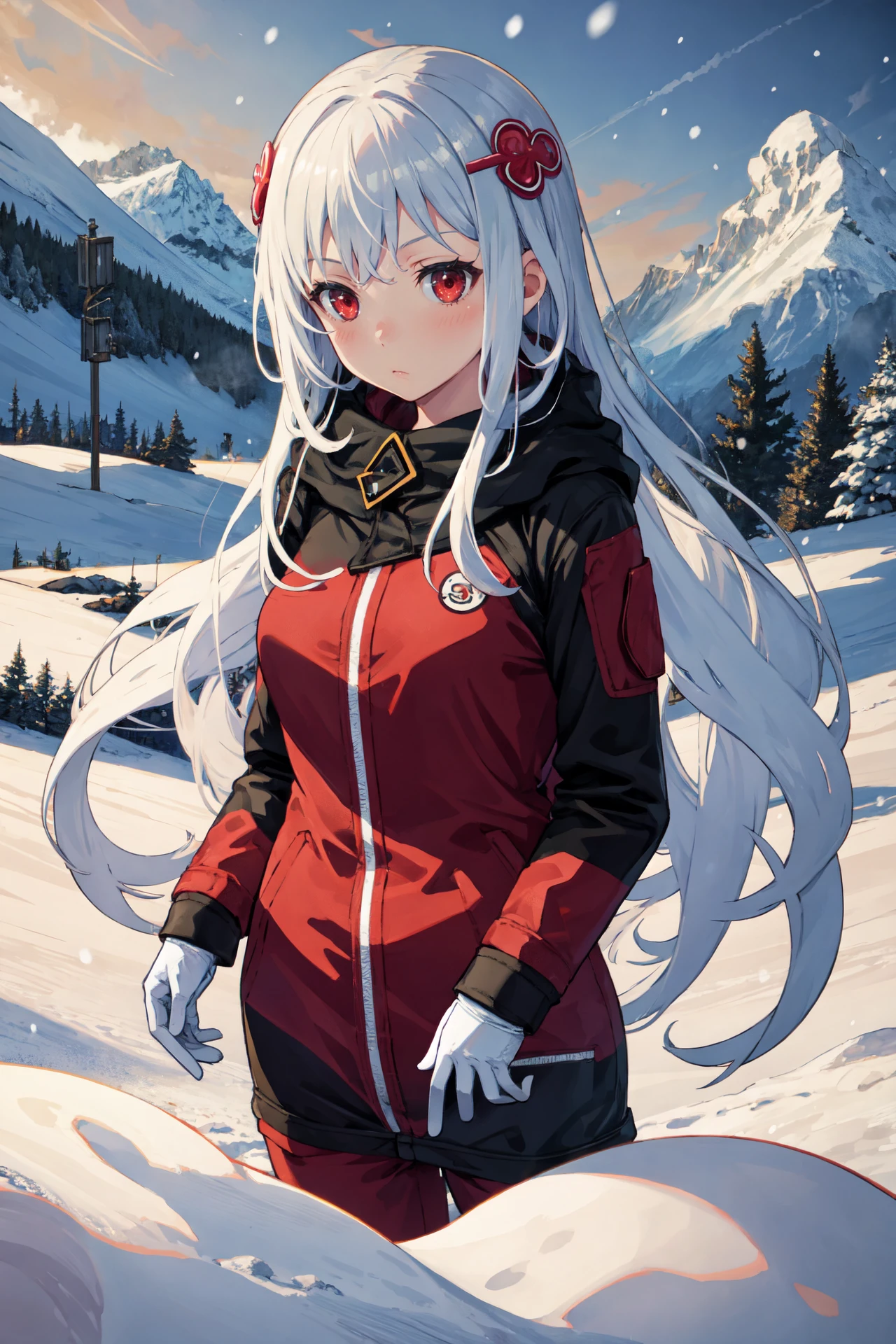 Masterpiece, best quality, perfect lighting, 1girl, solo, kasane, (puffy snowsuit:1.4), white hair, red eyes, hair ornament, mountain scene, snow, snowing, cold breath, <lora:Kasane:0.6>