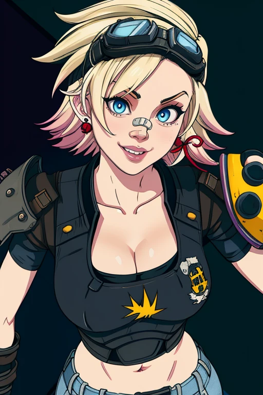 Tina, short hair, blue eyes, solo, standing, happy, seductive smile,
TGear, belt,pants,goggles on head,midriff,gloves,earrings,fingerless gloves,sneakers,stuffed toy,bandaid on face,jeans,hair ribbon,armor, cleavage, close up,
western bar, wastelands, cyberpunk,
(insanely detailed, beautiful detailed face, masterpiece, best quality) <lora:Tina:0.8>