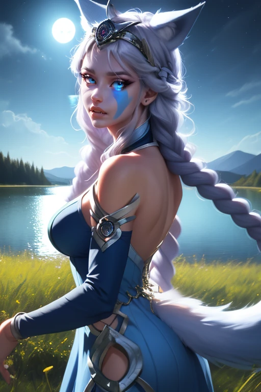 Io,blue eyes, wolf ears, wolf tail above buttocks, , very long light blue hair,facial mark on left cheek,twin braids, fang, 
IoDre,blue dress ,detached sleeves, bare shoulders, clothing cutout , tiara, front view, 
night time, moonlight, grass, lake, realistic, 
(insanely detailed, beautiful detailed face, masterpiece, best quality) 
 <lora:Io-10v4:0.8>