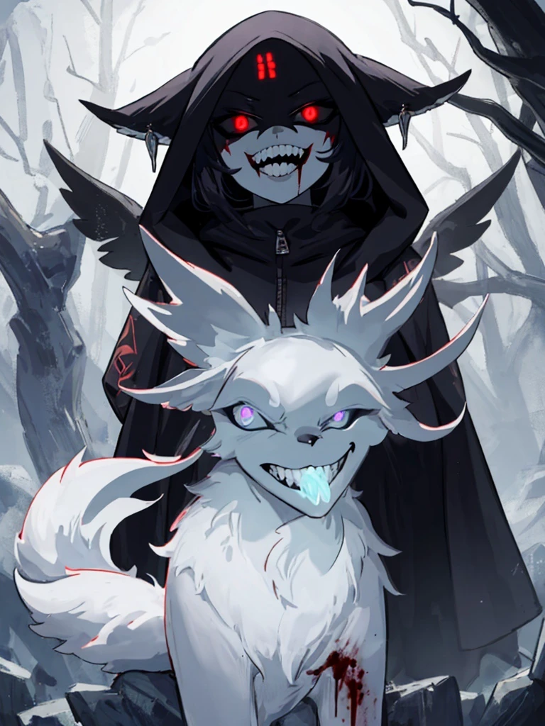 (masterpiece, best quality:1.2), AS-Adult, (forest:1.1), YaeMikoFox,slight smile,detailed face, detailed glowing red eyes,parted lips, menacing, hooded hoodie,pants, <lora:Gloomifier_V2_TheGlow:1.5>, <lora:ExeHardcore:0.15> ,Exe,teeth, horror (theme), red eyes, smile, sharp teeth, glowing, dark, blood, tongue, grin, glowing eyes, evil smile, <lora:YaeMikoFox:0.95>