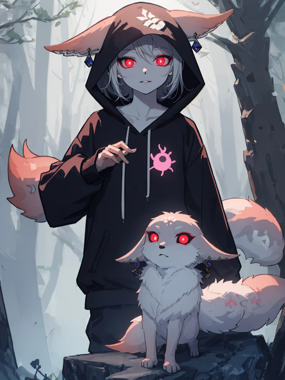 (masterpiece, best quality:1.2), (forest:1.1), (YaeMikoFox:1.2),slight smile,detailed face, detailed glowing red eyes,parted lips, menacing, hooded hoodie,pants, <lora:Gloomifier_V2_TheGlow:1>, glowing eyes, <lora:YaeMikoFox:1.0>