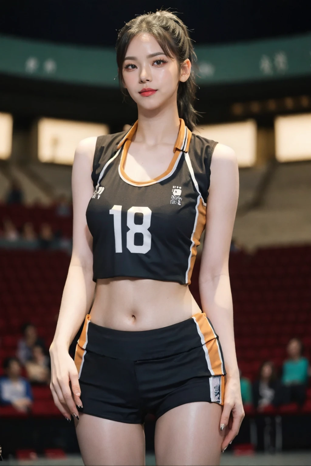 ((1girl)), thighs, eyeliner, angle from below, ((small breast)), looking at viewer, broad shoulder, eyelashes, perfect face, perfect skin, ((ultra-detailed eyes)), dim lighting, ((bokeh)), ((indoor stadium)), sleeveless, ((crop top)) , ((abs)), (masterpiece, high quality:1.2), ((arms behind back)), bare face, numbered jersey, ((ponytail)), ((black jersey)), ((low saturated)), (low contrast), smile, <lora:haikyuu:1>, <lora:karinalorashy:0.85>