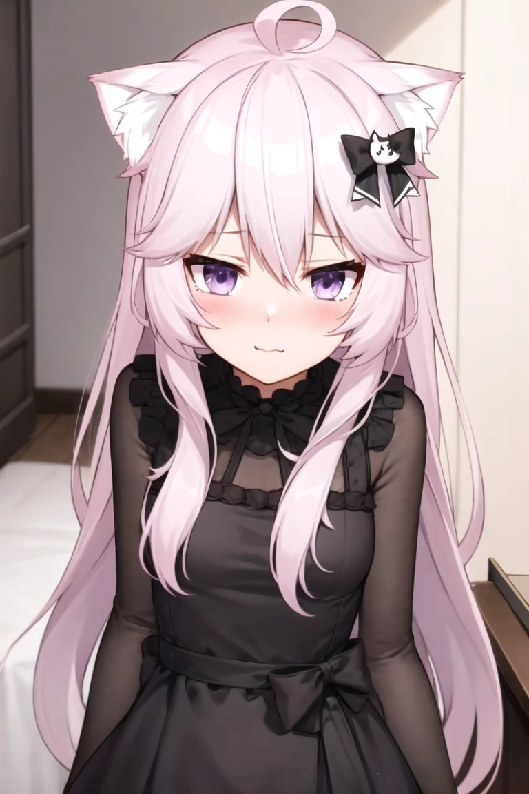 masterpiece, 1girl, best quality, long neck, nyatasha nyanners, nyanners, catgirl, cat ears, small-medium breasts, (long hair:1.1), standing, purple eyes, closed mouth, long body, looking at viewer, ahoge, dress, room <lora:nyatasha_nyanners_0.5+nyanners0.33_0.7 :1>