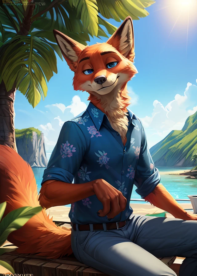 uploaded on e621, ((by Homogenousrule, by Wildering, by Foxovh, by Catcouch)),
solo ((nick wilde)) with ((neck tuft)) and (fluffy tail) and ((clear navy blue eyes)),
((half-length portrait)), ((wear blue hawaii floral shirt with grey pants)),
BREAK
((sitting at island with plant and water on sunny day, white boat)),
(detailed background, depth of field, half body shadow, sunlight, ambient light on the body),
(intricate:0.7), (high detail:1.2), (unreal engine:1.3), (sharp focus:1.15),
[explicit content, questionable content], (masterpiece, best quality, 4k, 2k, shaded, absurd res)