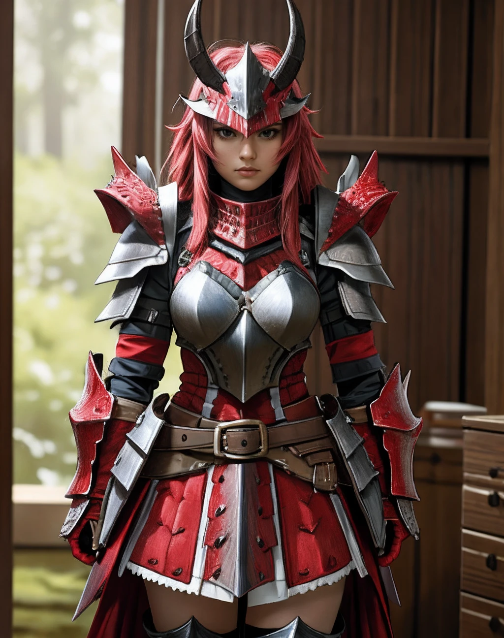 ((Masterpiece, best quality)),photography, detailed skin, realistic, photo-realistic, 8k, highly detailed, full length frame, High detail RAW color art, diffused soft lighting, shallow depth of field, sharp focus,
red edgRathArmor, solo, standing, weapon, horns, belt, sword, armor, blurry, 1girl, helmet, spikes, full armor, monster hunter (character) ,wearing edgRathArmor <lora:Rathalos_Armorv2:0.8>