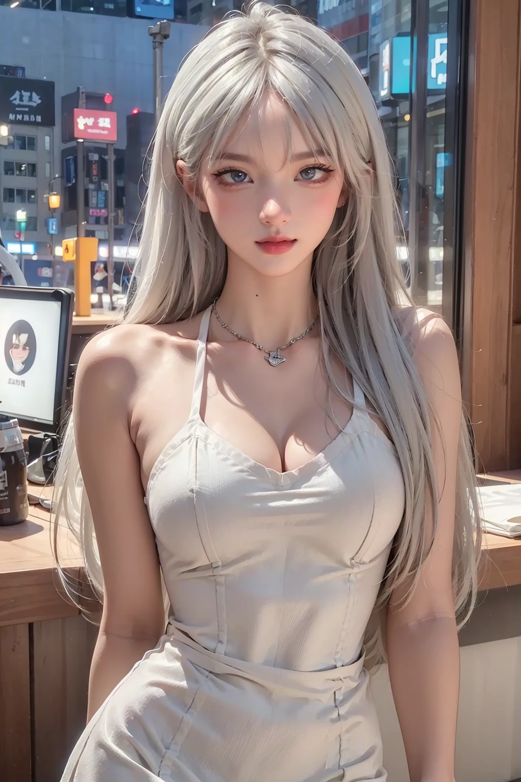 (((best quality))),(((ultra detailed))),(((masterpiece))),(realistic:1.2),(night:1.4),makeup,mature female,illustration,(dress:1.3),posing in front of a colorful and dynamic background. She has a confident expression,The overall style should be modern and trendy,(smile:1.4),(long hair:1.3),(white hair:1.4),(yaoyao:1.2),(ruqun:1.2),wall paper,crowds,fashion,Lipstick,ray tracing,(depth of field:1.3),(street:1.2),in public,BLACK EYES,solo,looking at viewer,glossy skin,contrapposto,necklace,female focus,model,street,in public,fine fabric emphasis,1girl,lips,