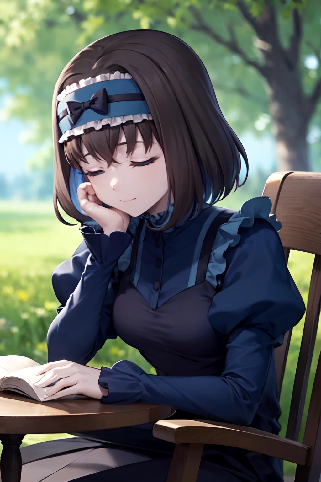 <lyco:Garie-loha-V3:0.8>,Garie,1girl,solo,frilled dress,puffy sleeves,,depth of field, blurry,, long sleeves, , head rest, sleepy, ,reading ,open book, dappled sunlight, shade,sidelighting,circle table,chair,:/,(light smile:0.6), (closed eyes:0.6)