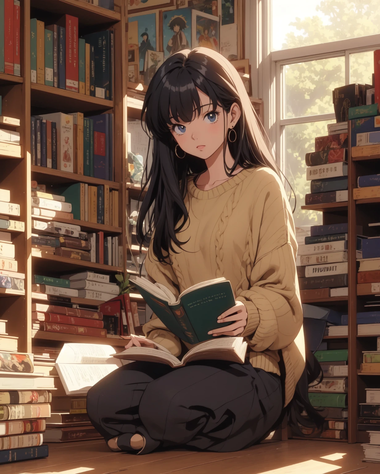 (masterpiece, 1980's anime illustration:1.1), sweet girl with long purple hair wearing oversized knit sweater, sitting cross-legged on floor of bookshop, open book in lap, reading intently, surrounded by stacks of old books, afternoon sun streaming in through window, illuminating floating dust in air, creating a cozy atmosphere, detailed old bindings on books, patterned rug on hardwood floor, retro anime style, warm lighting