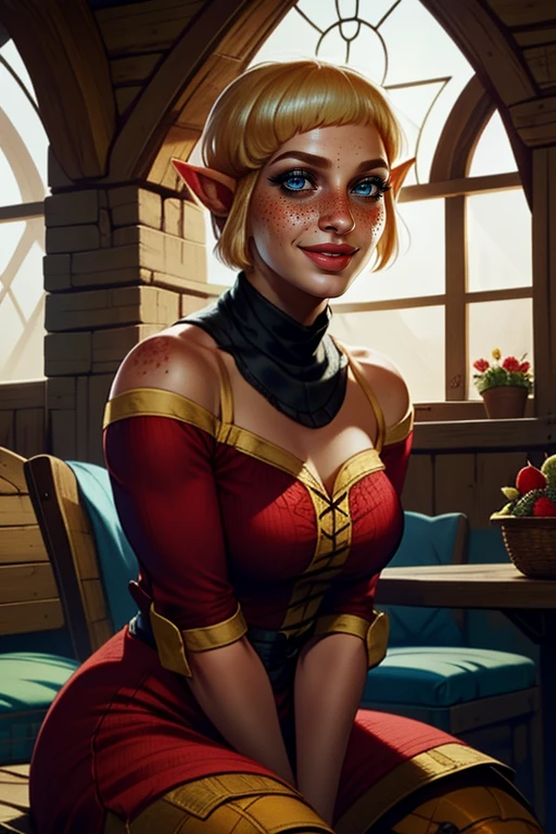 Sera,pointy ears, short blonde hair,lips,freckles,blue eyes,nose , dark eyeliner,smiling,  cowboy shot,  upper body, sitting, 
 in a inn, medieval fantasy, flowers on window, fruits, 
(insanely detailed, beautiful detailed face, masterpiece, best quality)
<lora:Sera-10v3:0.7>