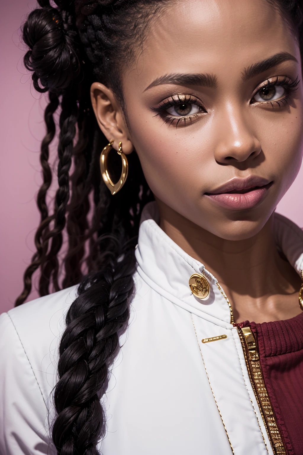 kiranoir,  a woman with a pink lipstick and a white jacket with a black background, hair bun, (portrait, face closeup:1.2) <lora:kiranoir3:0.8>
