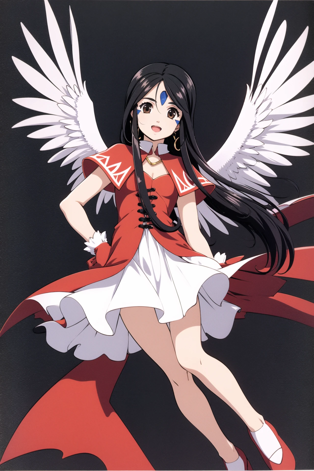 Skuld, 1girl, solo, long hair, wings, black hair, gloves, facial mark, brown eyes, forehead mark, jewelry, dress, <lora:Kosuke Fujishima:0.8>