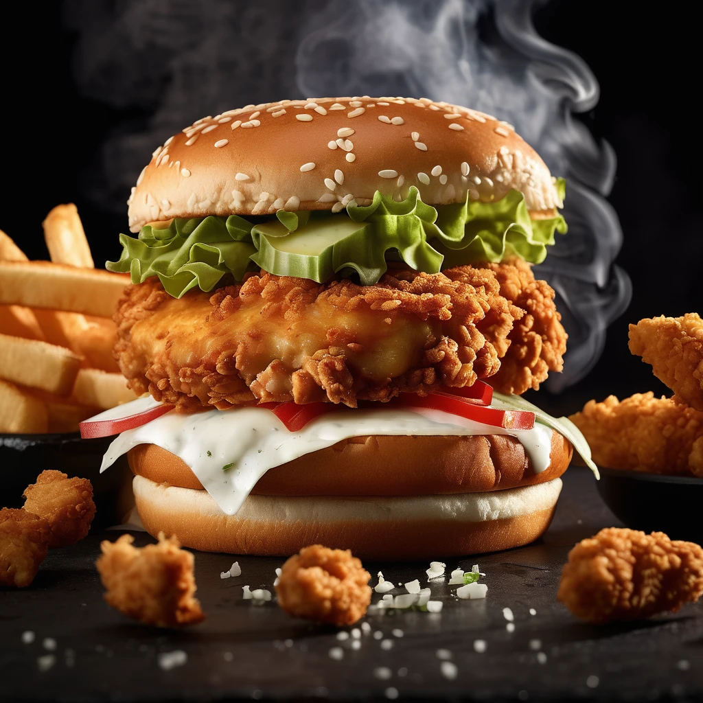 kfc chicken burger, dark background, quality photo, fried chicken, studio photo, smoke