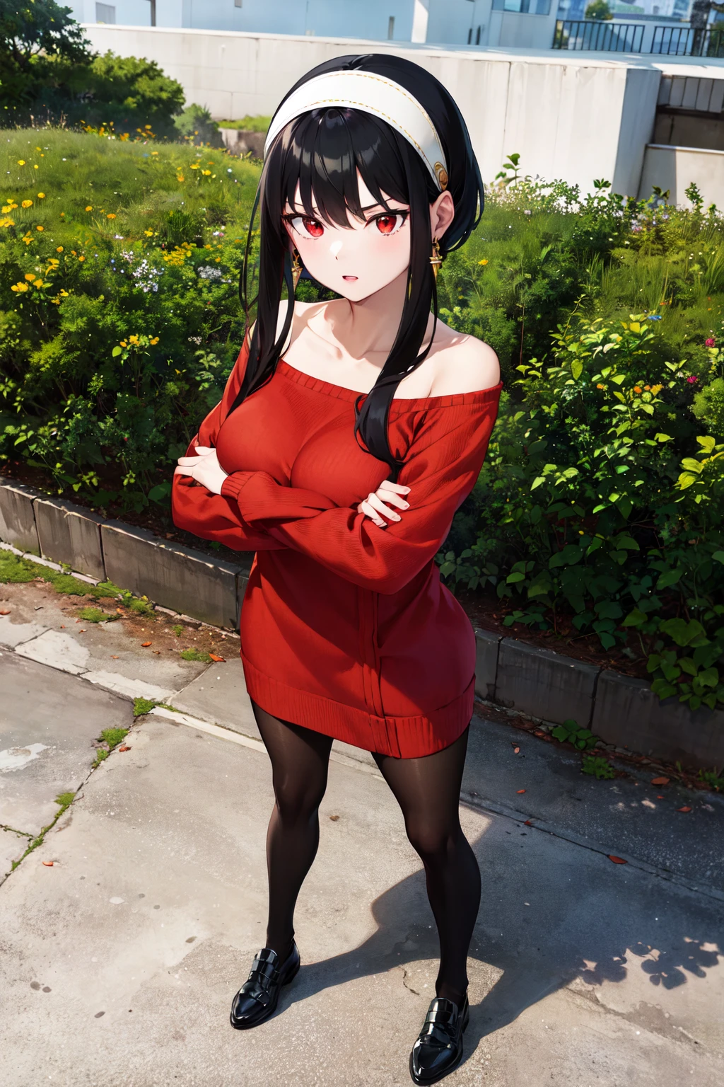 masterpiece, best quality, highres, bbyorf, short hair with long locks, white hairband, red eyes, gold earrings, large breasts, jewelry, off shoulder, red sweater, sweater dress, long sleeves, black pantyhose, <lora:yor_forger_v1:0.8>, crossed arms, serious, outdoors, standing, full body,