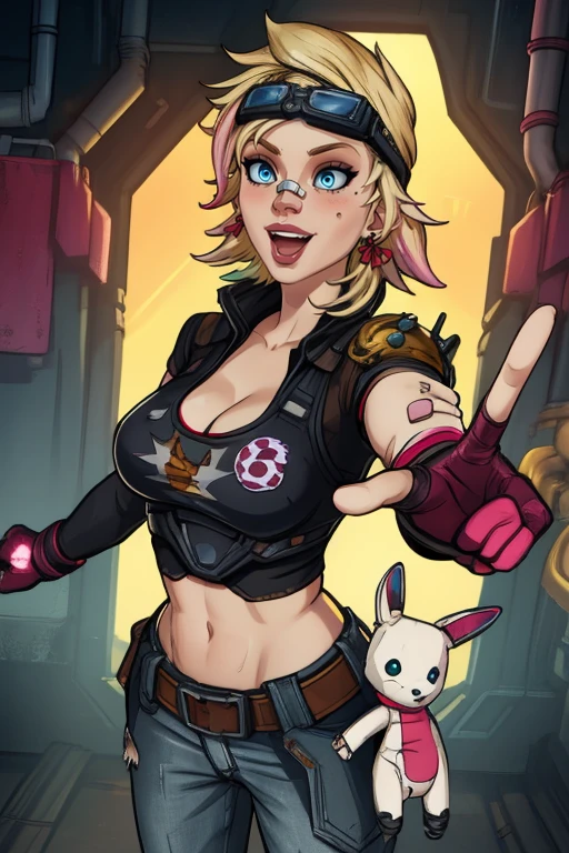 Tina, short hair, blue eyes, solo, standing, reaching out, smile, open mouth, blushing,
TGear, belt,pants,goggles on head,midriff,gloves,earrings,fingerless gloves,sneakers,stuffed toy,bandaid on face,jeans,hair ribbon,cleavage, close up, crop top,
western bar, wastelands, cyberpunk,
(insanely detailed, beautiful detailed face, masterpiece, best quality) <lora:Tina:0.8>