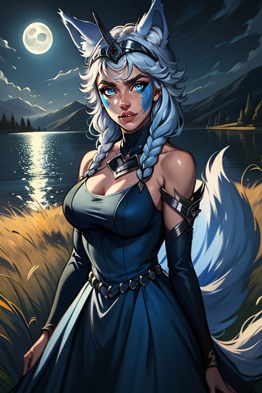 Io,blue eyes, wolf ears, wolf tail above buttocks, , very long light blue hair,facial mark on left cheek,twin braids, fang, upper teeth, 
 IoDre, blue stripper attire, lewd attire, cameltoe, 
night time, moonlight, grass, lake, realistic, 
(insanely detailed, beautiful detailed face, masterpiece, best quality) 
 <lora:Io-10v4:0.8>