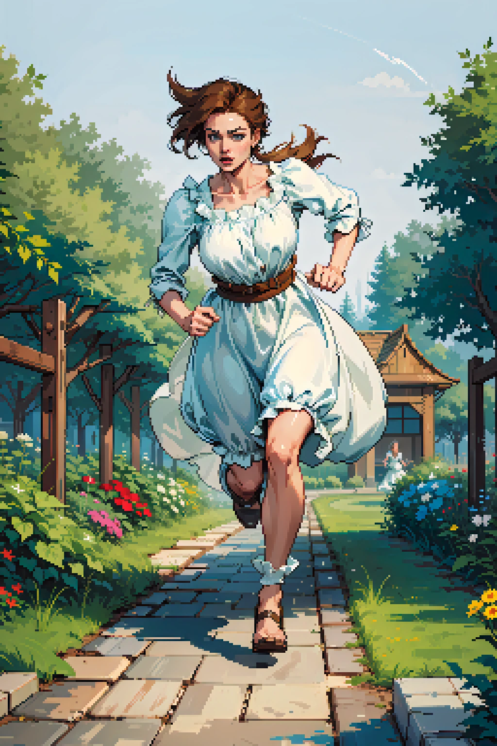 dynamic scene, action packed, beautiful lady in puffy dress running through garden, pixel art <lora:sxz-pixel:0.7>