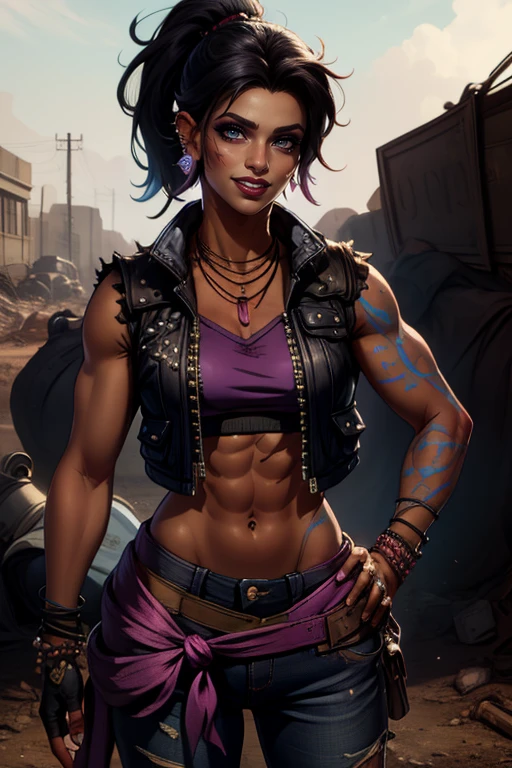 Amara, short black hair, ponytail, toned , blue left arm tattoo, scars, standing, arms on hips, upper body, smiling,
AmaClot,right fingerless glove,ear piercing,earrings,midriff ,crop top,torn clothes ,vest,bracelet,pants,boots,necklace,belt ,
wasteland,
(insanely detailed, beautiful detailed face, masterpiece, best quality) <lora:Amara-10v3:0.7>