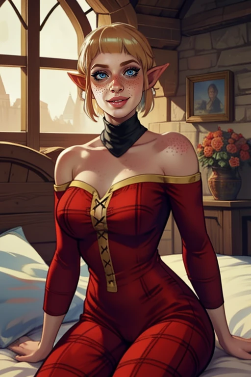 Sera,pointy ears, long blonde hair,lips,freckles,blue eyes,,dark eyeliner,smiling, cowboy shot,
lying,
in a inn bed, medieval fantasy, flowers on window,
(insanely detailed, beautiful detailed face, masterpiece, best quality)
<lora:Sera-10v3:0.7>