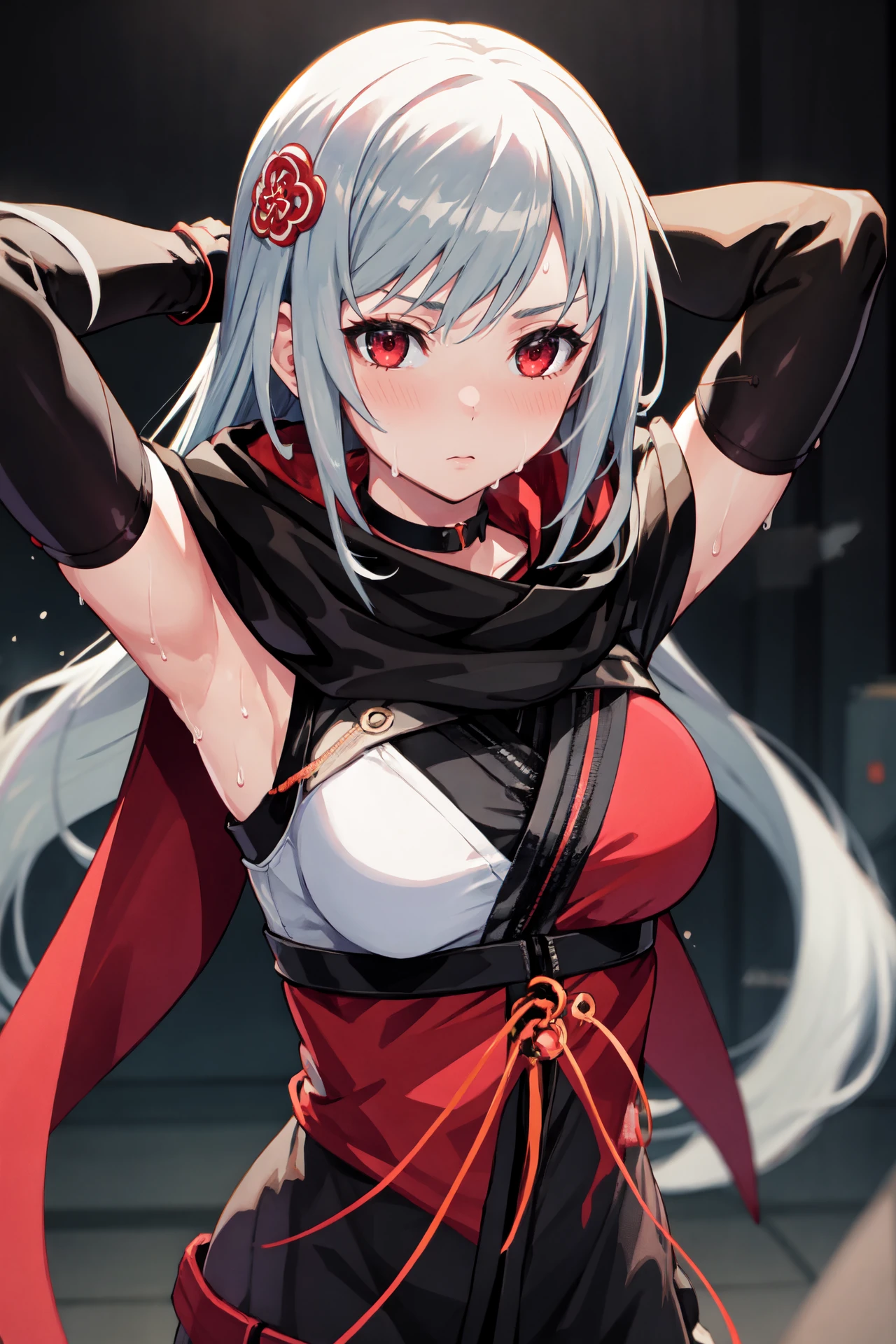 Masterpiece, best quality, perfect lighting, 1girl, solo, kasane, osf shinobi uniform, white hair, red eyes, choker, hair ornament, lowered hood, fingerless gloves, thigh guards, grey leggings, cape, arms up, sweat, steaming body, upper body pov, <lora:Kasane:0.6>