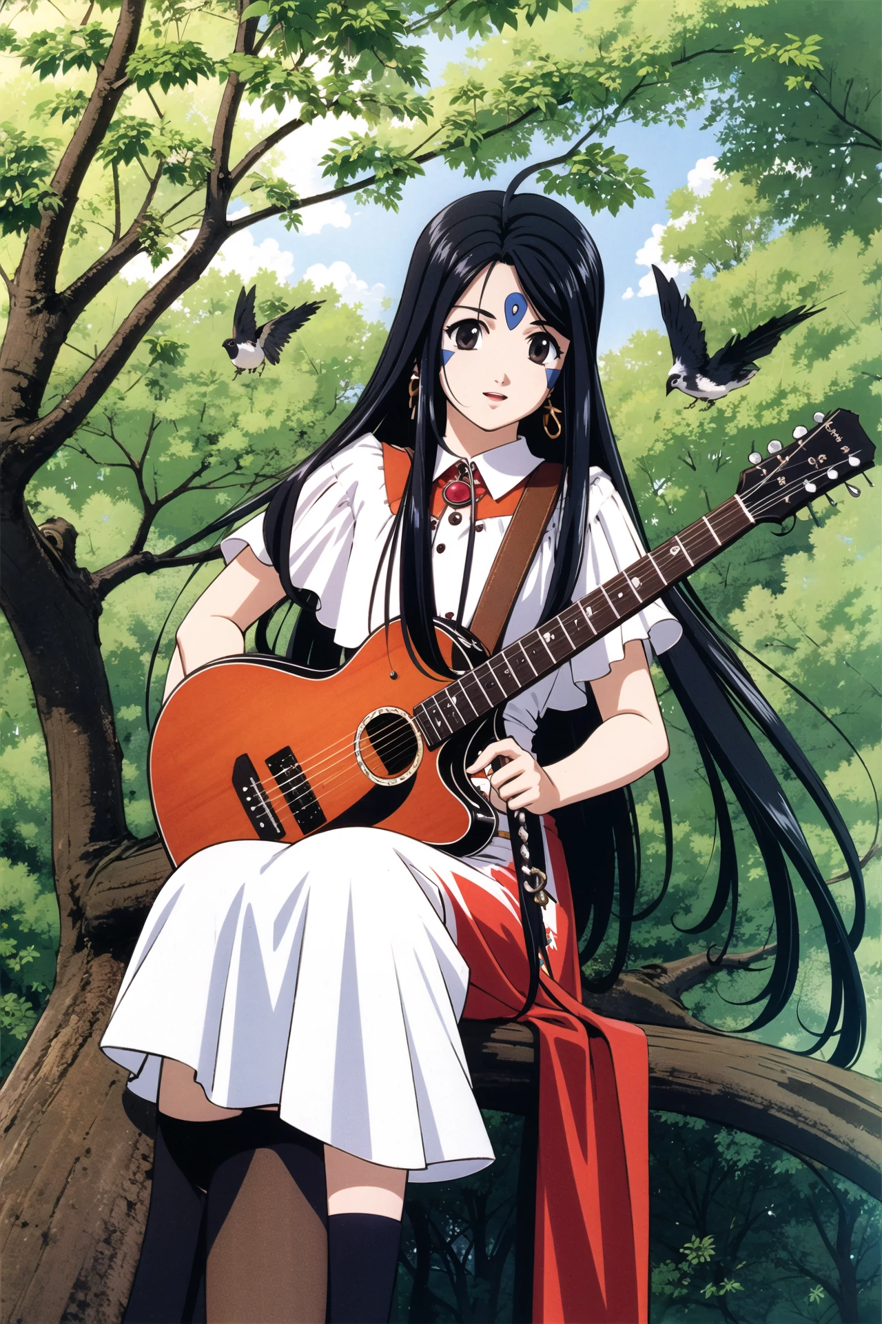 Skuld, 1girl, bird, solo, long hair, instrument, facial mark, dress, forehead mark, tree, jewelry, black hair, sitting, earrings, in tree,<lora:Kosuke Fujishima:0.8>