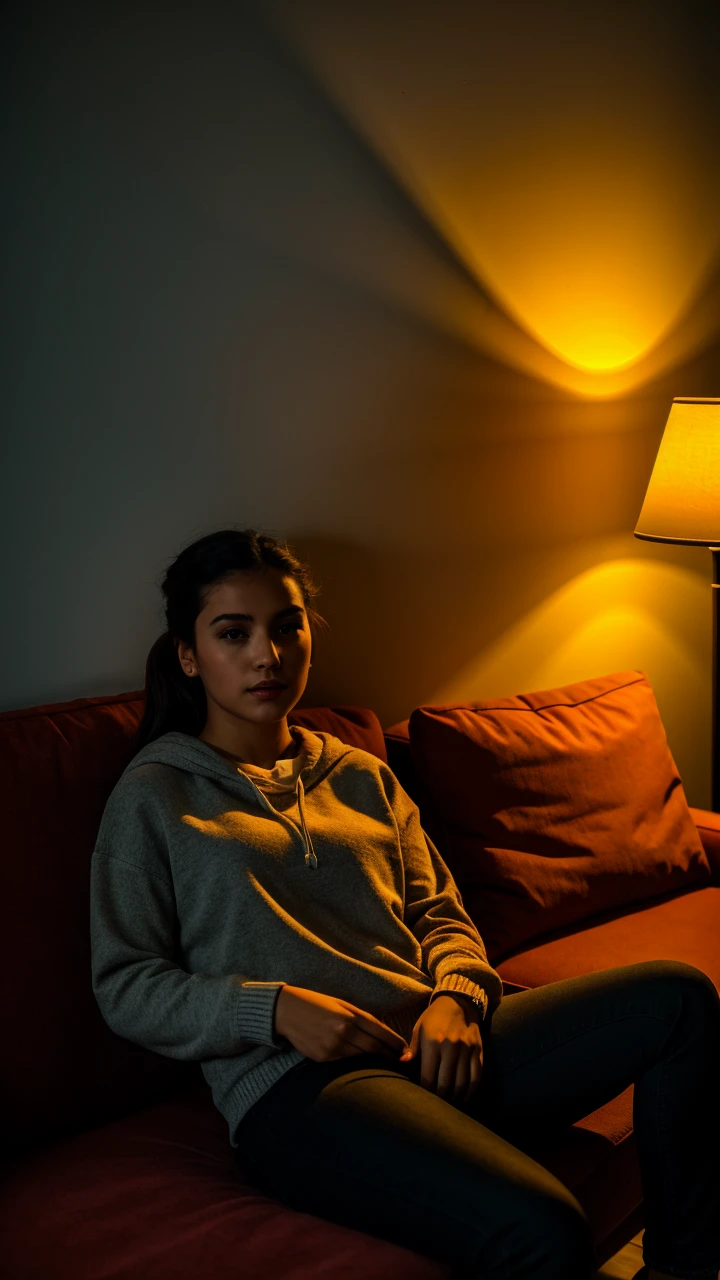 girl,sitting on a comfy couch,, dark lighting, a single lamp in corner