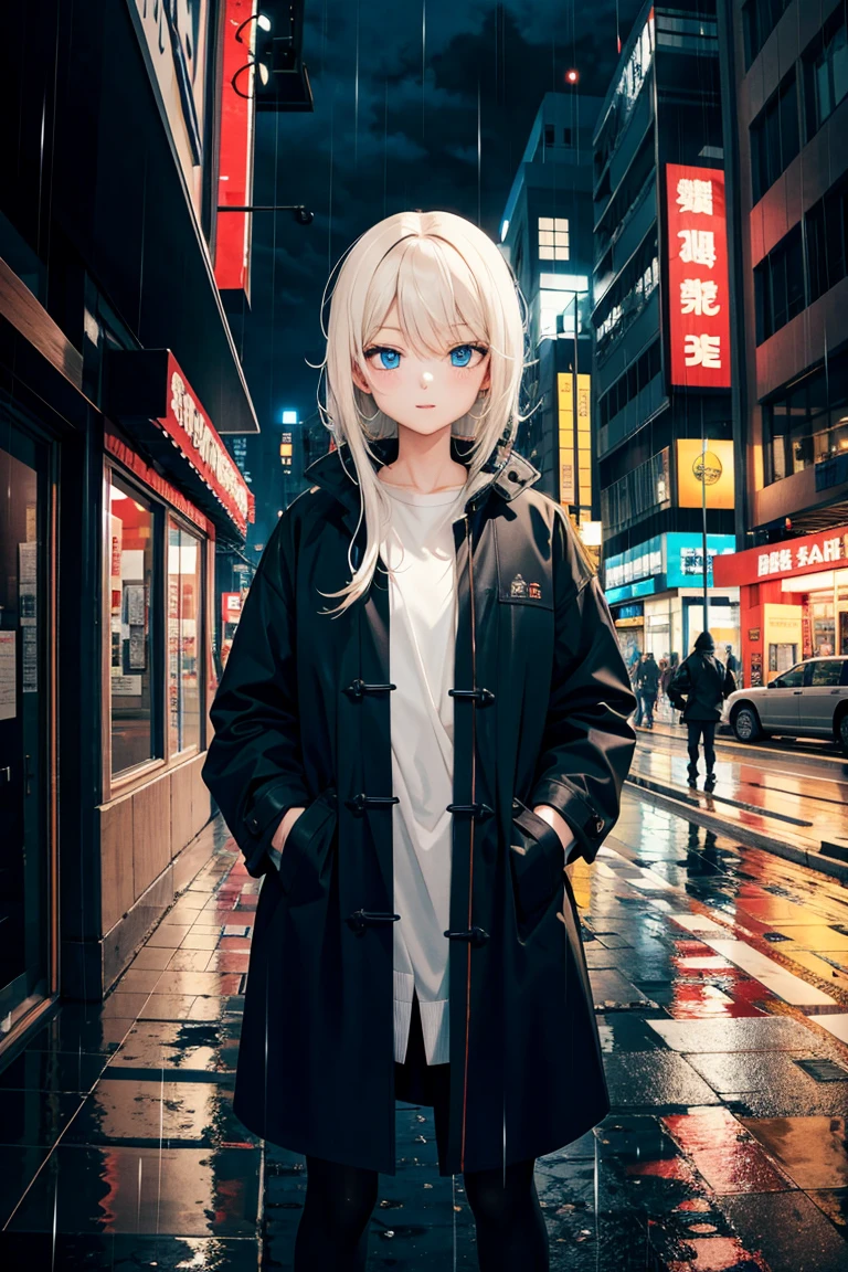 model shoot style, digital anime illustration, close portrait, 1girl, night city, rain, coat, hands in pockets, best quality:1.4, masterpiece:1.3