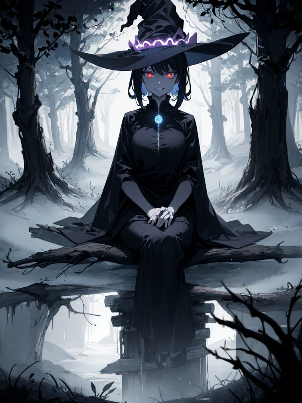 (masterpiece, best quality:1.2), (AS-Adult:1.1) girl, witch, detailed witch clothes, sitting on log,forest, close, red glowing eyes, detailed face, grin, parted lips, , <lora:Gloomifier_V2_TheGlow:1.5>,
