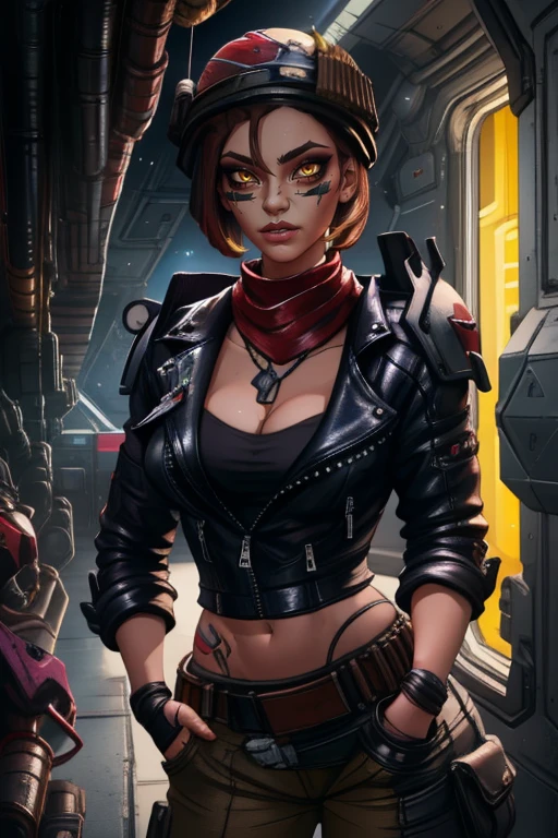 Moze, short brown hair,yellow eyes ,cheek facepaint ,lips, standing, hands in pockets, upper body,  
 cyberpunk bar, space station,
 (insanely detailed, beautiful detailed face, masterpiece, best quality)
 <lora:Moze-10v3:0.8>