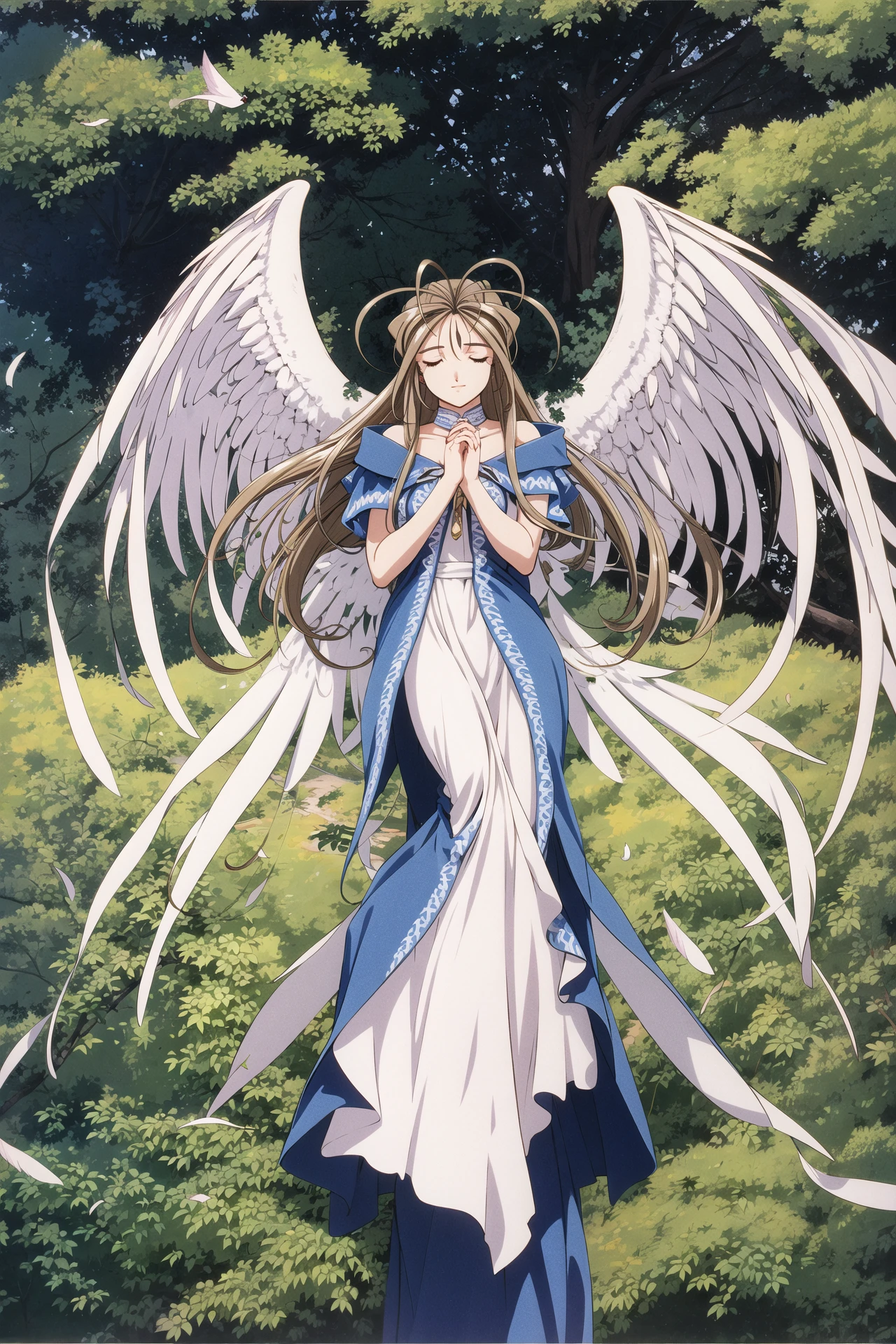 Belldandy, long hair, wings, 1girl, dress, closed eyes, brown hair, solo, 1990s (style), retro artstyle, own hands together, angel wings, nature, own hands clasped, white dress, very long hair, tree, full body, outdoors,<lora:Kosuke Fujishima:0.8>
