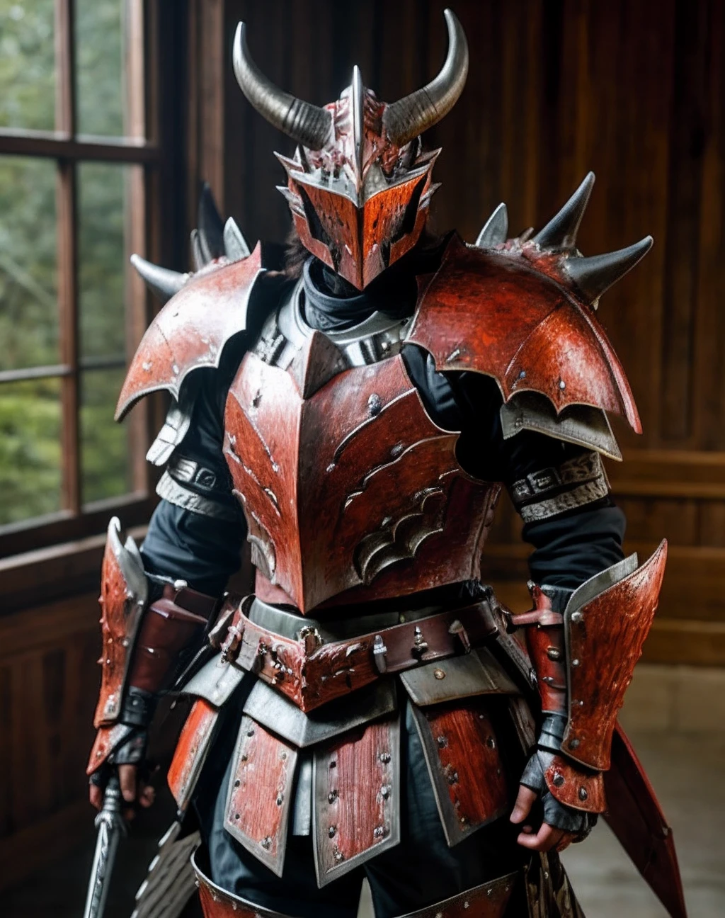 ((Masterpiece, best quality)),photography, detailed skin, realistic, photo-realistic, 8k, highly detailed, full length frame, High detail RAW color art, diffused soft lighting, shallow depth of field, sharp focus,
red edgRathArmor, solo, standing, weapon, horns, belt, sword, armor, blurry, no humans, helmet, spikes, full armor, monster hunter (character) ,wearing edgRathArmor <lora:Rathalos_Armorv2:0.7>
