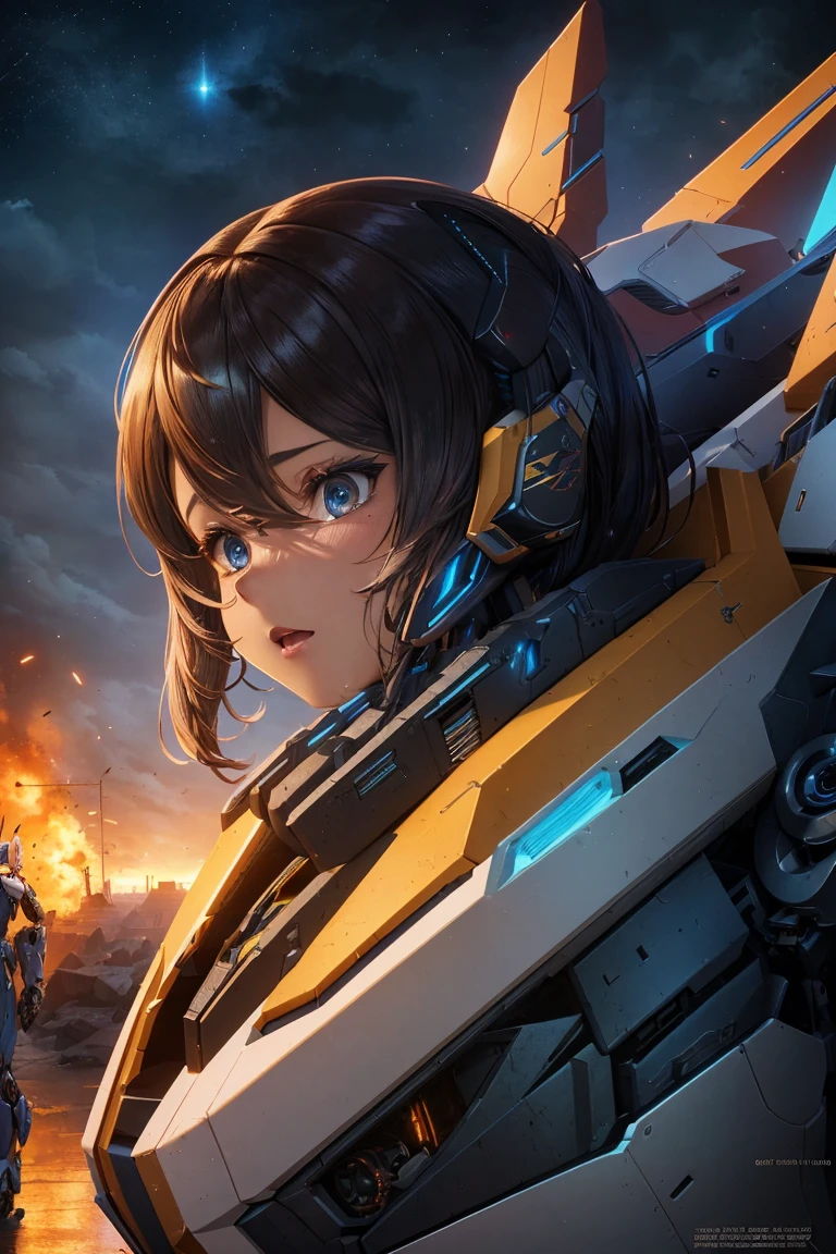 model shoot style, (upper body, close portrait, digital anime illustration) of a ((mecha musume:1.3)), (1girl:1.5), (night city battle), (pretty face, perfect face), (hyper-realistic lifelike texture, realistic eyes:1.2),
(best quality:1.4, masterpiece:1.3, hyper-realistic lights, hyper-realistic shadows, hyper-realistic reflections), (sony a7, 50 mm, film grain:1.5, 4K UHD HDR),
(octane render, unreal engine 5), (illustration by lee jeffries, Greg Rutkowski and Magali Villanueva, contest winner:1.3)