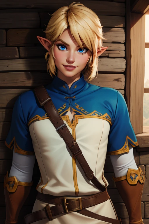Link,short blond hair,pointy ears,blue eyes, standing, upper body, smiling,
LGear, belt,bridal gauntlets, brown fingerless gloves, brown footwear, blue tunic, white undershirt,
mercenary tavern,
(insanely detailed, beautiful detailed face, masterpiece, best quality) <lora:Link:0.7>,