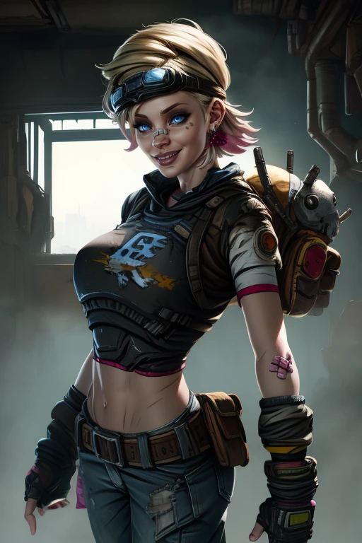 Tina, short hair, blue eyes, solo, standing, happy, smile,
TGear, belt,pants,goggles on head,midriff,gloves,earrings,fingerless gloves,sneakers,stuffed toy,bandaid on face,jeans,hair ribbon,armor,
western bar, wastelands, cyberpunk,
(insanely detailed, beautiful detailed face, masterpiece, best quality) <lora:Tina:0.8>