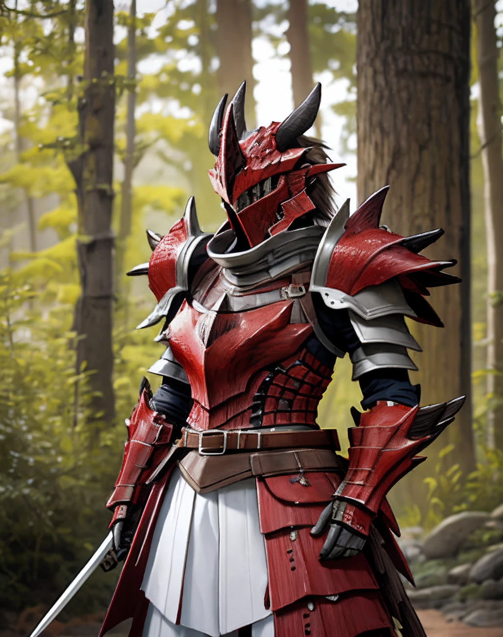 ((Masterpiece, best quality)),photography, detailed skin, realistic, photo-realistic, 8k, highly detailed, full length frame, High detail RAW color art, diffused soft lighting, shallow depth of field, sharp focus,
red edgRathArmor, solo, standing, weapon, horns, belt, sword, armor, blurry, no humans, helmet, spikes, full armor, monster hunter (character) ,wearing edgRathArmor <lora:Rathalos_Armorv2:1>