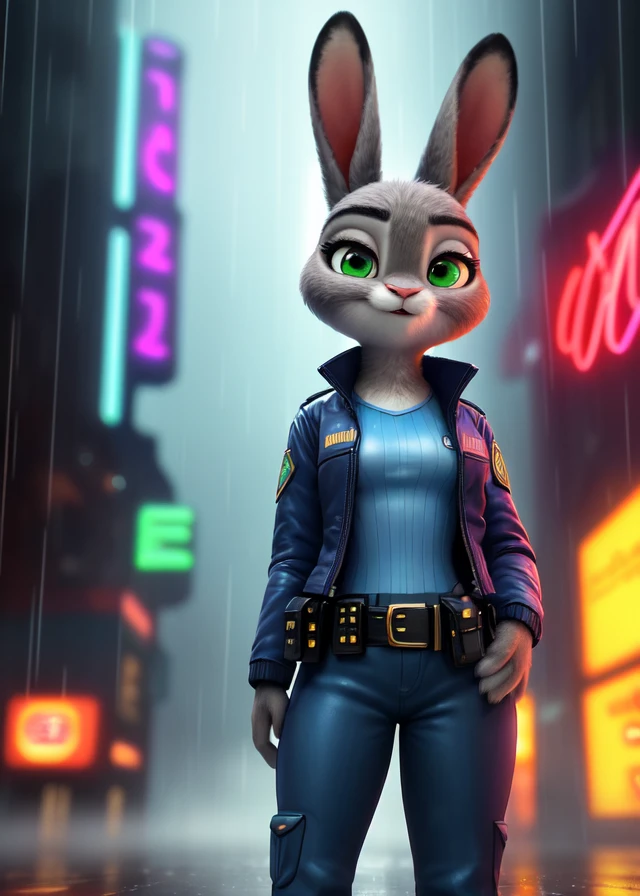 uploaded on e621, (by Disney, by Pixar, by DreamWorks, by Silverfox5213),
solo female ((rabbit Judy Hopps)) with ((grey body, wet fur)) and ((clear green eyes)),
(wear police uniform, jacket, pants, belt:1.3), (small breasts),
((detailed fluffy fur)), (looking at viewer, three-quarter portrait, three-quarter view),
BREAK,
((standing at city street on sunset raining day)), (rain, fog, mist, cyberpunk, neon light),
(detailed background, depth of field, half body shadow, sunlight, ambient light on the body),
(masterpiece, best quality, ultra realistic, 4k, 2k, (high detail:1.3),
(3d \(artwork\):1.2), blender \(software\), (soft focus:1.2), ray tracing, (unreal engine:1.3), absurd res)