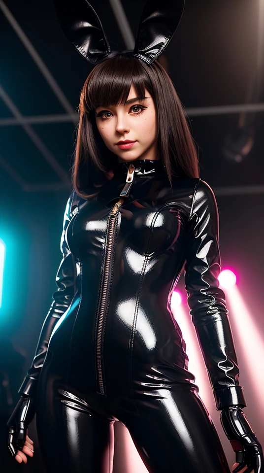 female, (Detailed face), (solo:1.1), (more details:1.1), ((anthro, humanoid)), [(thin:1.1) : small petite : (Judy rabbit:1.2):4], (Detailed face), (anthropomorphic legs, anthropomorphic hands:1.1), (solo), small breasts, tight latex gimpsuit, dancing in nightclub, leather collar, light rays, complex detail